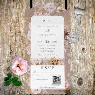 Vintage Pink Blush Floral Monogram QR Code All In One Invitation