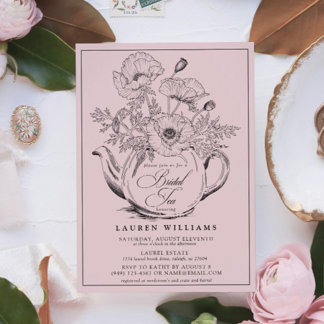Vintage Pink Botanical Bridal Tea Calligraphy Invitation (Bridal Tea Invitation!)