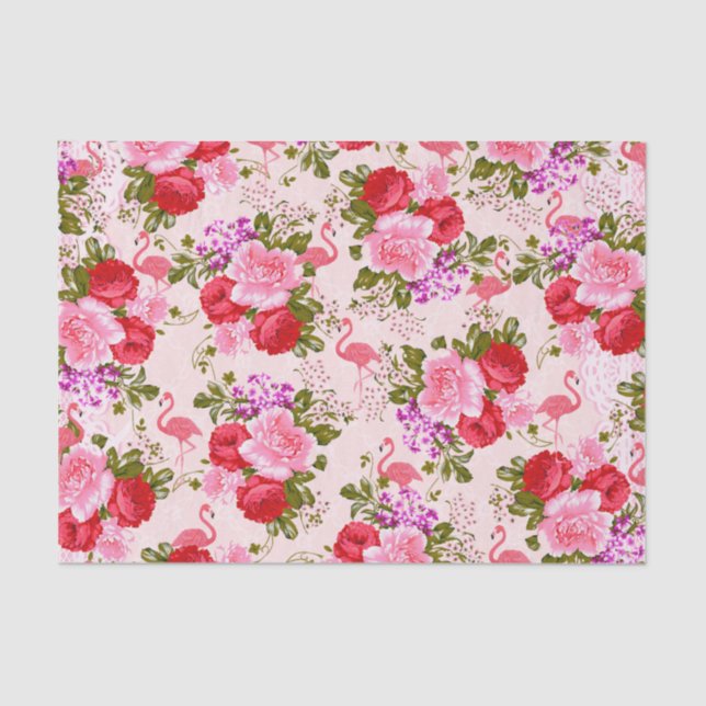 Vintage pink botanical flowers tropical flamingo tissue paper (Front)