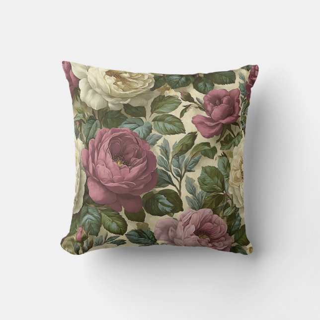 Vintage Pink Botanical Romantic Chic Floral Cushion (Front)