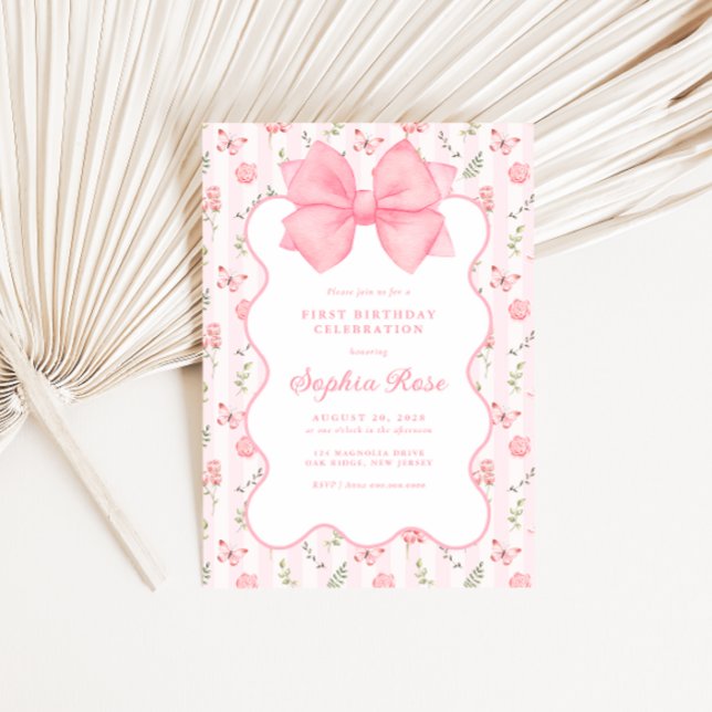 Vintage Pink Bow Elegant Roses Birthday Invitation (Creator Uploaded)