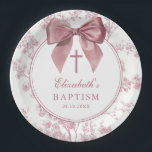 Vintage Pink Bow Floral Baptism Christening Paper Plate<br><div class="desc">These pretty baptism,  christening paper plates feature an elegant pink bow and stylish typography with a floral background and can be personalized with your name and special date. Designed by Thisisnotme©</div>