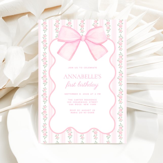 Vintage Pink Bow Floral Elegant Birthday Invitation (Creator Uploaded)