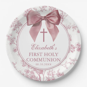 Vintage Pink Bow Floral First Holy Communion Paper Plate