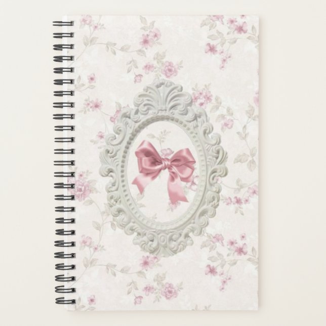 Vintage Pink Bow & Floral Frame Notebook Planner (Front)