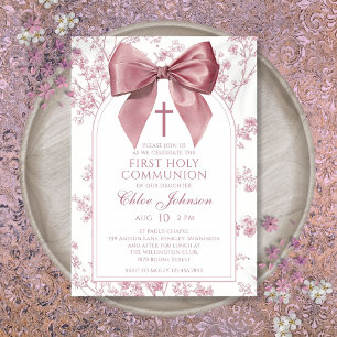Vintage Pink Bow Floral Girl First Holy Communion Invitation