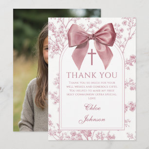 Vintage Pink Bow Floral Girl Holy Communion Photo Thank You Card