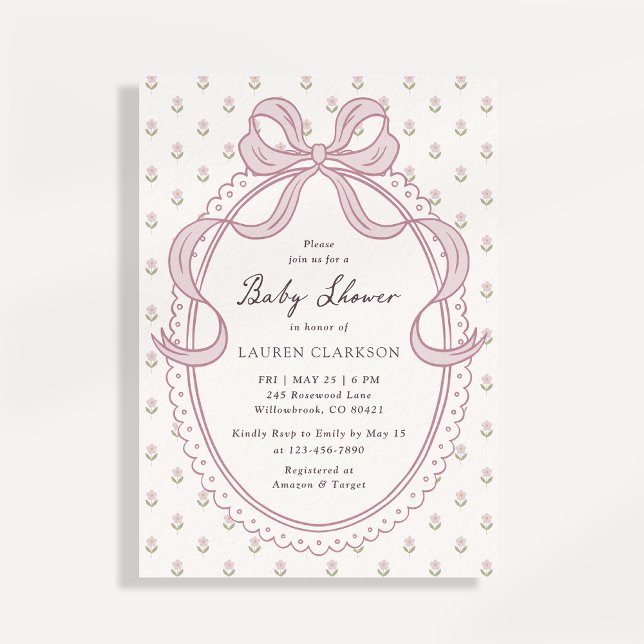 Vintage Pink Bow Frame Baby Shower Invitation (Creator Uploaded)
