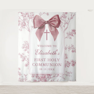 Vintage Pink Bow Holy Communion Photo Backdrop Tapestry