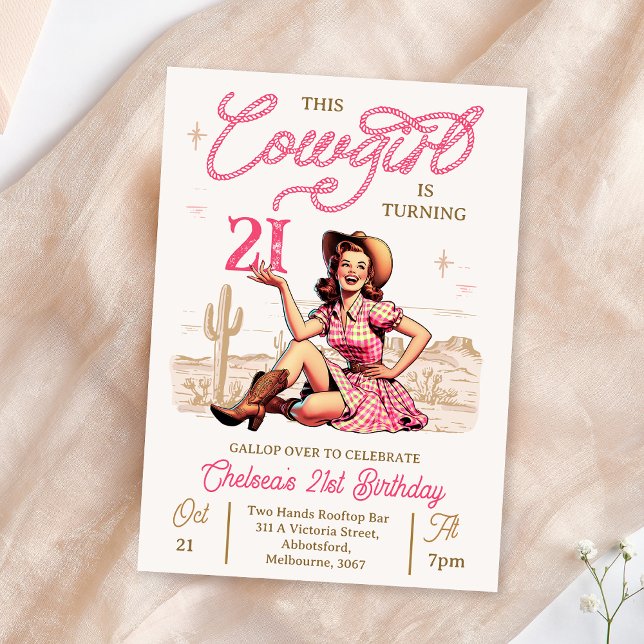 Vintage Pink Brown Cowgirl Birthday Invitation (Fun Cowgirl 21st Birthday Invitation, Vintage Retro Cowgirl Birthday Invitation, Any Age, Pink Brown)