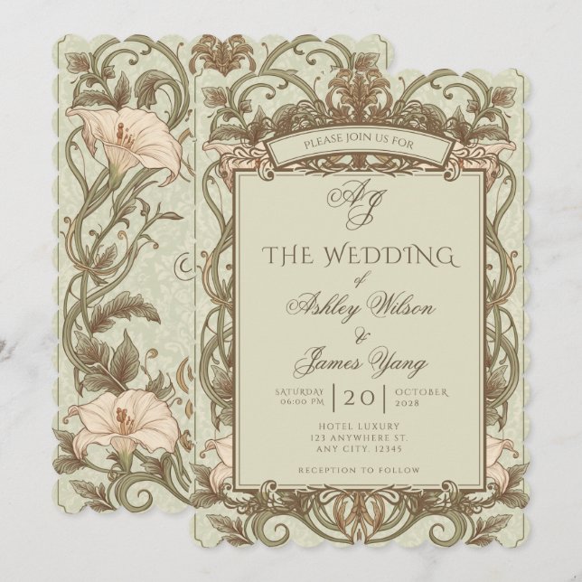 Vintage Pink Brown Floral Wedding Invitation (Front/Back)