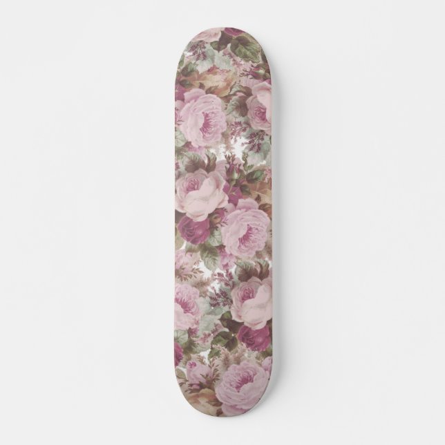 Vintage pink burgundy roses floral skateboard (Front)