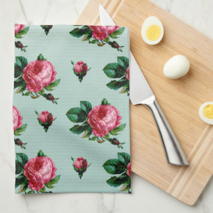 Vintage Pink Cabbage Roses Tea Towel
