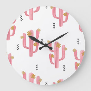 Vintage Pink Cactus Watercolor Pattern Large Clock