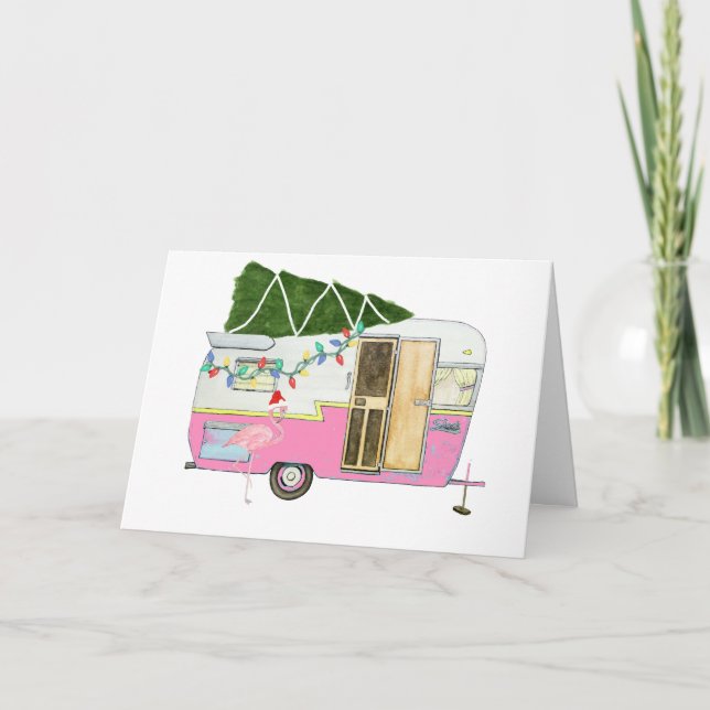 Vintage Pink Camping Trailer Greeting Card (Front)