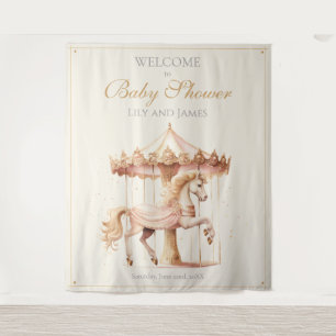 Vintage Pink Carousel Horse Baby Shower Welcome Tapestry