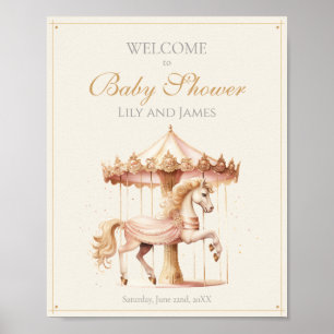 Vintage Pink Carousel Horse Welcome Baby Shower Poster