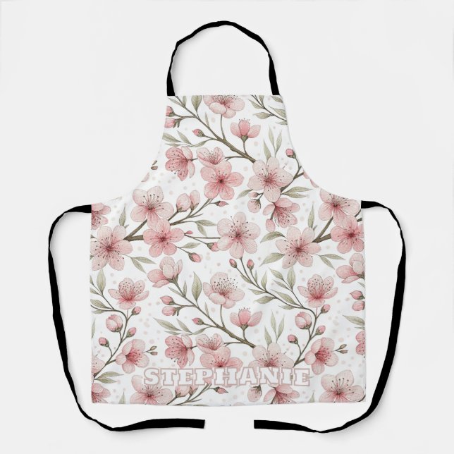 Vintage Pink Cherry Blossom White Floral Pattern Apron (Front)