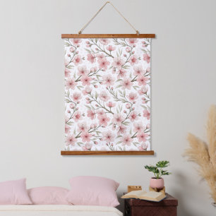 Vintage Pink Cherry Blossom White Floral Pattern Hanging Tapestry