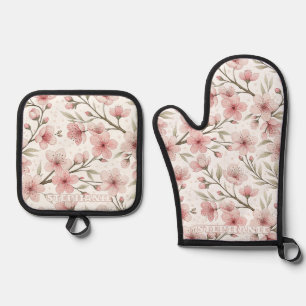 Vintage Pink Cherry Blossom White Floral Pattern Oven Mitt & Pot Holder Set