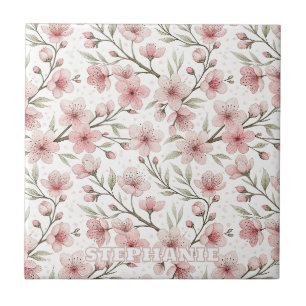 Vintage Pink Cherry Blossom White Floral Pattern Tile