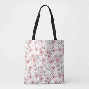 Vintage Pink Cherry Blossom White Floral Pattern Tote Bag