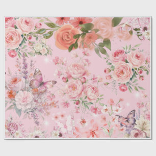 Vintage Pink Chic Roses and Butterflies Pattern Wrapping Paper