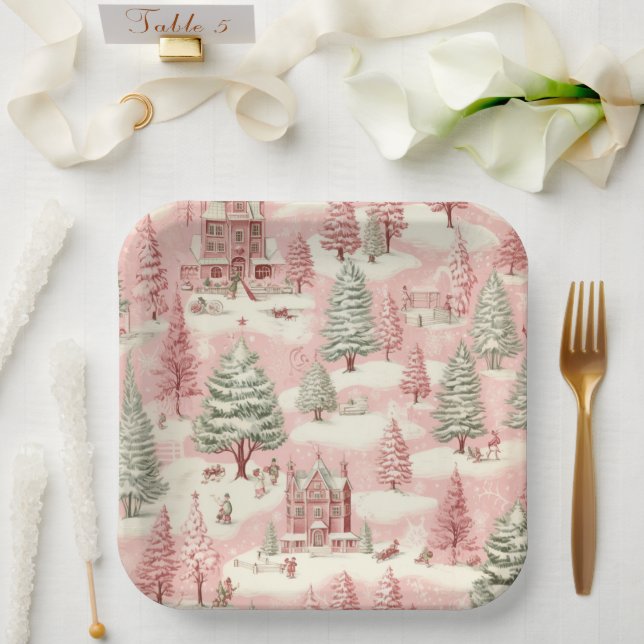 Vintage Pink Christmas  Paper Plate (Wedding)