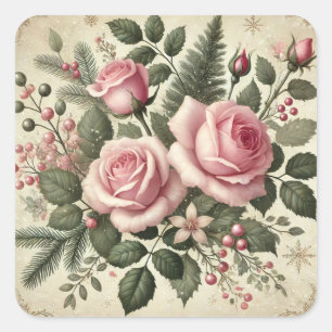 Vintage Pink Christmas Roses Elegant Square Sticker