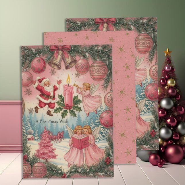 Vintage Pink Christmas Scene Wrapping Paper Sheet (Creator Uploaded)