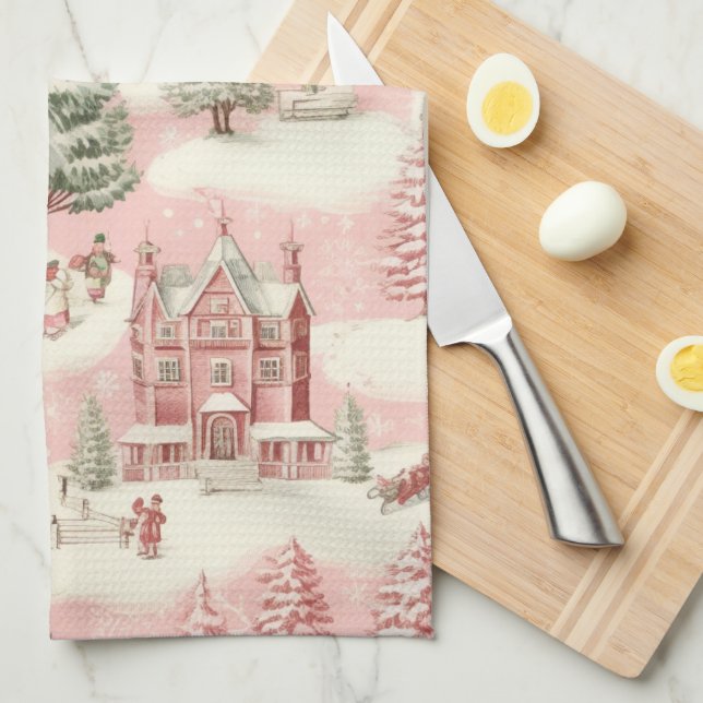 Vintage Pink Christmas  Tea Towel (Quarter Fold)