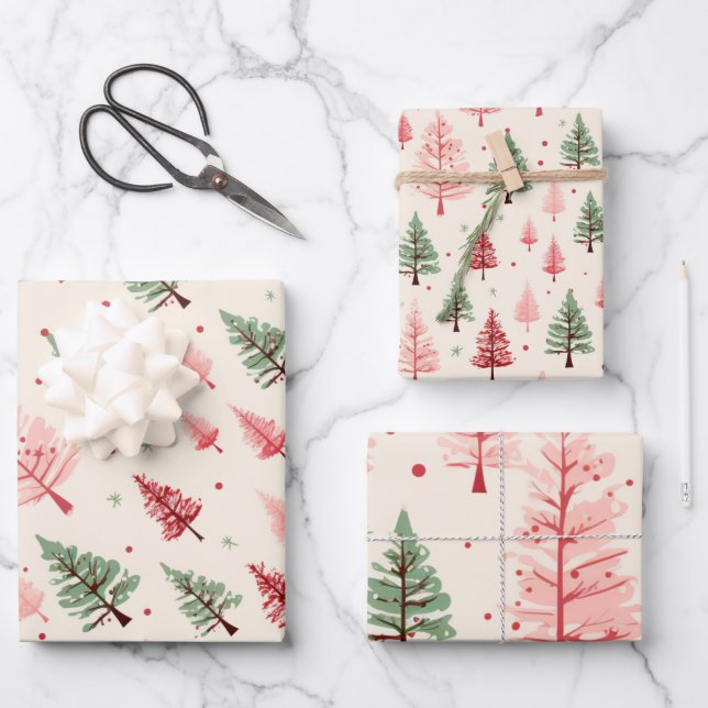 Vintage Pink Christmas Tree Mix Wrapping Paper Sheet (Front)