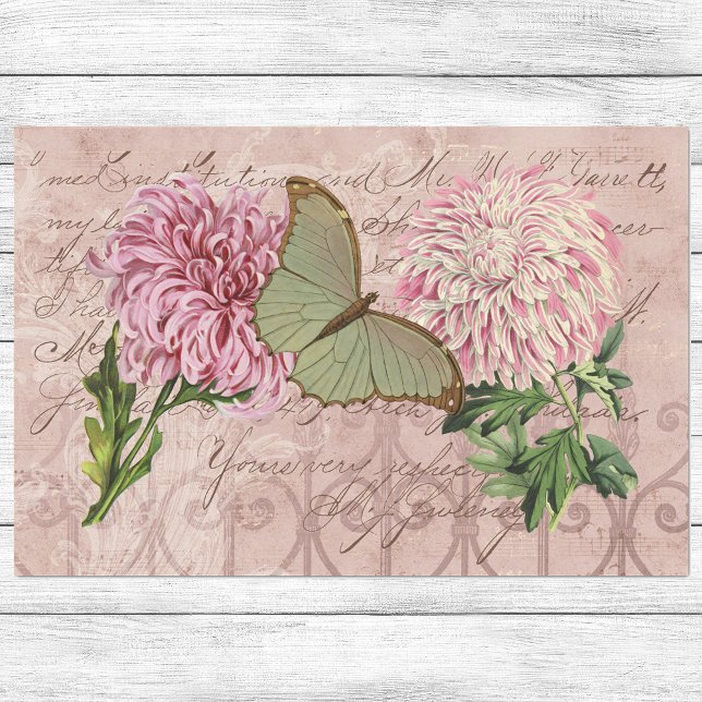 Vintage Pink chrysanthemums Luna Moth Ephemera Tissue Paper (Creator Uploaded)