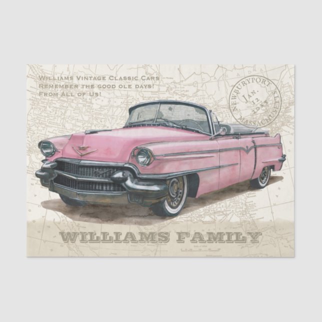 Vintage Pink Classic Convertible Car Tissue Paper (Front)