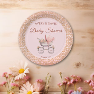 Vintage Pink Classic Girl Baby Shower Paper Plate