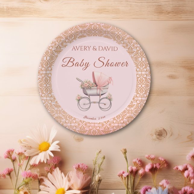 Vintage Pink Classic Girl Baby Shower Paper Plate (Creator Uploaded)