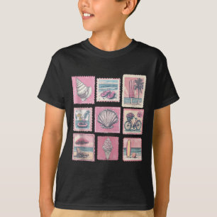 Vintage pink coastal beach summer vacation stamps T-Shirt