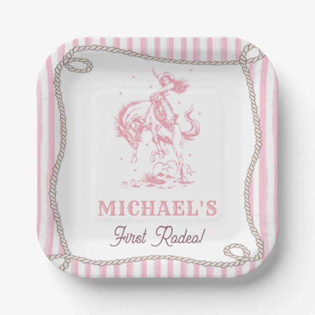 Vintage Pink Cowgirl 1st Birthday Party Paper Plate (Front)
