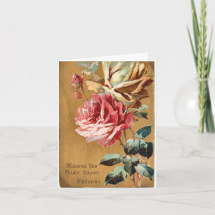 Vintage Pink Cream Tan Roses Birthday Card