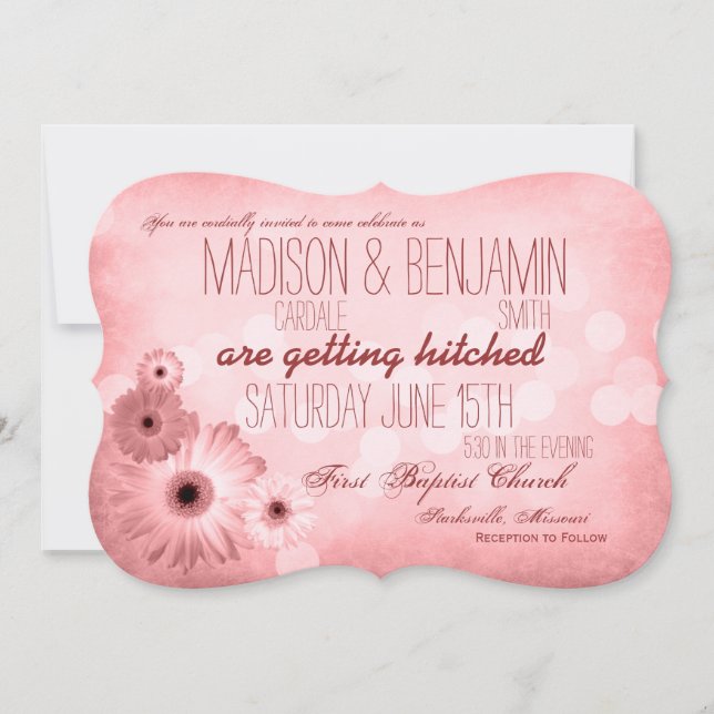 Vintage Pink Daisies Typography Wedding Invitation (Front)