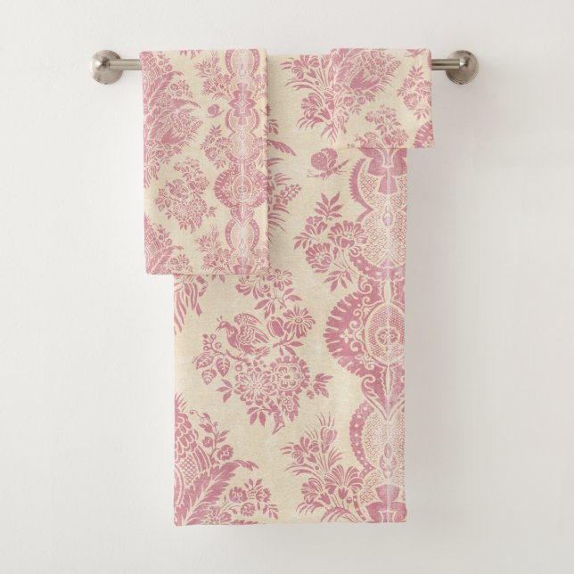 Vintage Pink Damask Print Bath Towel Set (Insitu)