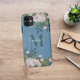 Vintage Pink Elegant Floral Rose Monogram Name Case-Mate iPhone Case
