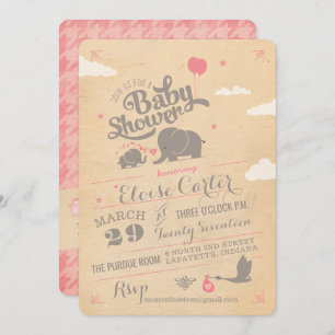 Vintage Pink Elephant Baby Shower Invitations