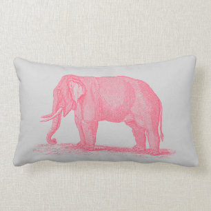 Vintage Pink Elephant on Grey 1800s Elephants Lumbar Cushion