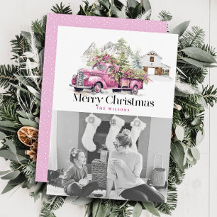 Vintage Pink Farm Truck Barn Christmas Photo Holiday Card