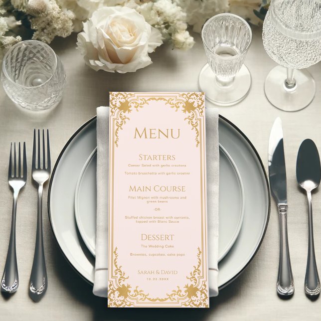 Vintage Pink Faux Gold Antique Elegant Wedding Menu (Creator Uploaded)
