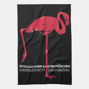 Vintage Pink Flamingo Bird at Germany Munich Zoo Tea Towel