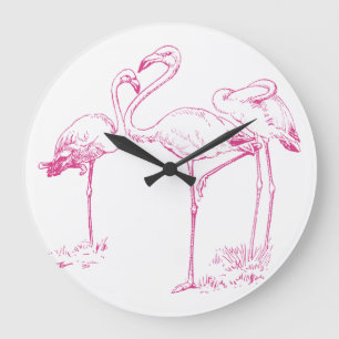 Vintage  Pink Flamingo Drawing Large Clock