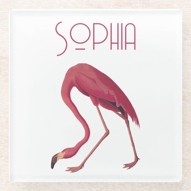 Vintage Pink Flamingo Glass Coaster (Front)
