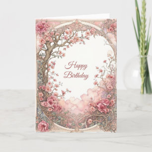 Vintage Pink Floral Art Nouveau Birthday Card